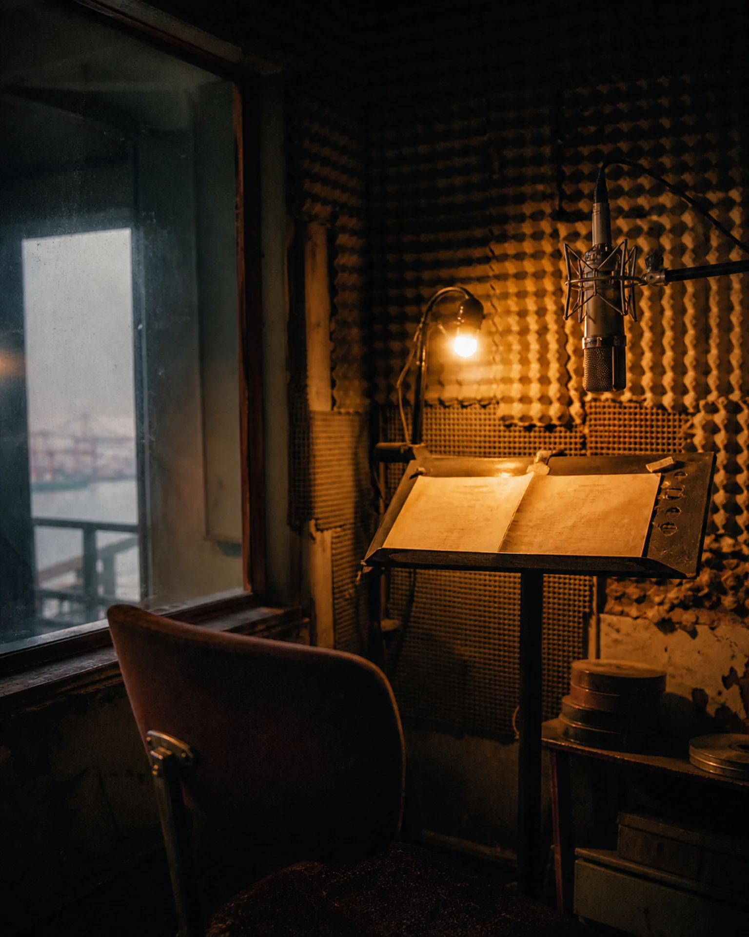 A cramped recording booth with foam paneling, a suspended microphone, and a script stand lit by a single warm lamp.