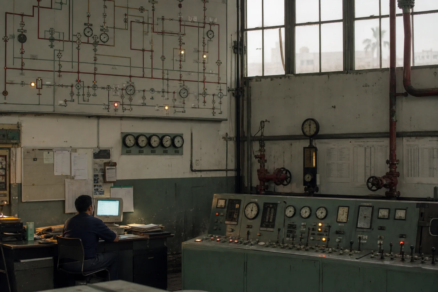 A dim control room with a wall of valve schematics, one operator seated at a terminal, morning light through high windows.
