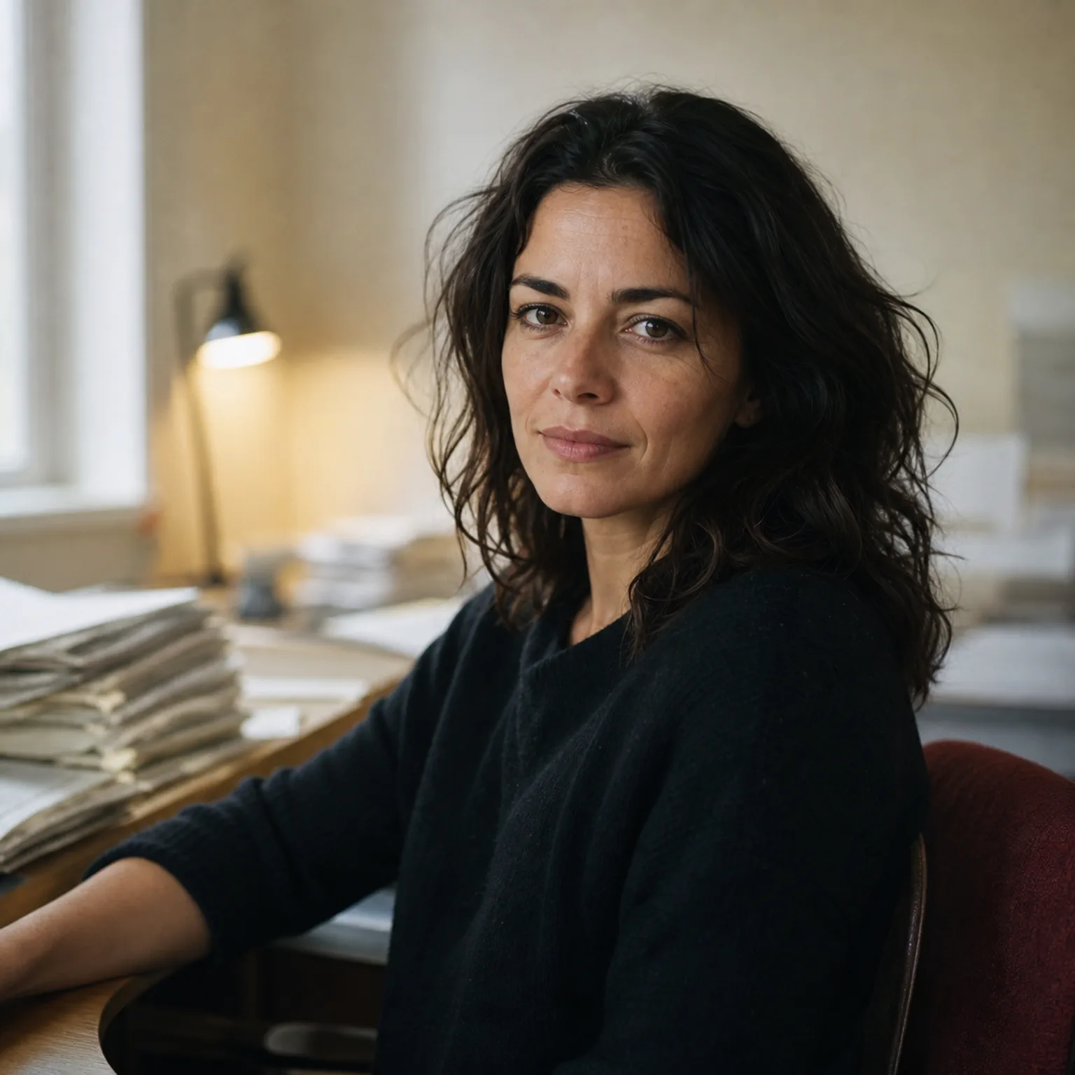 Editorial portrait of Inés Marchetti seated near a desk lamp and newspaper stacks.