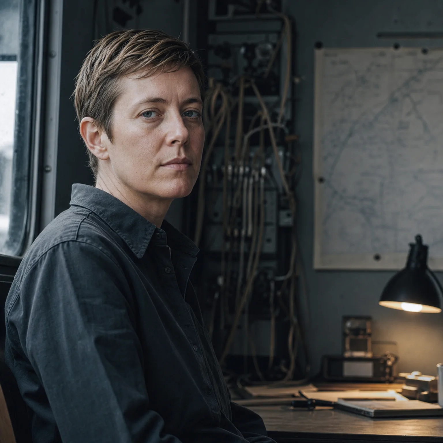 Editorial portrait of Juno Halvorsen beside a technical archive desk.
