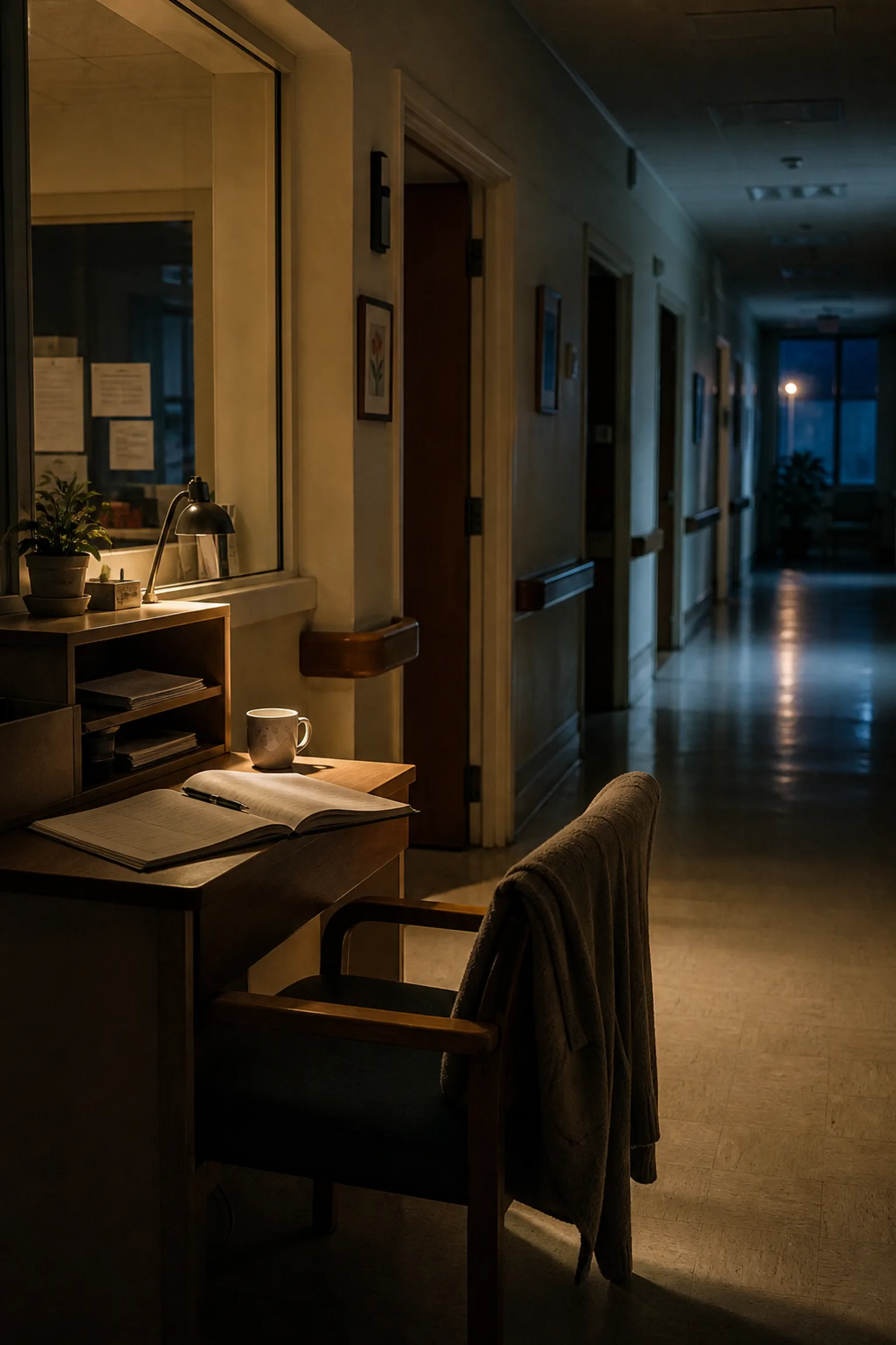 A dim residential corridor at night, a single desk lamp at the nurses’ station, doors ajar along both walls.