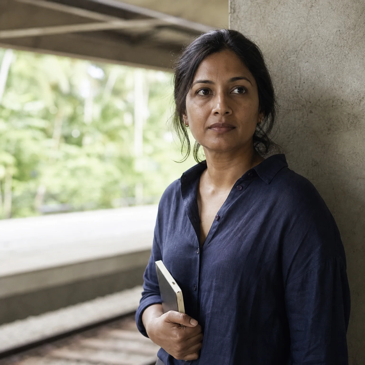 Editorial portrait of Priya Raghunathan at a shaded transit platform.