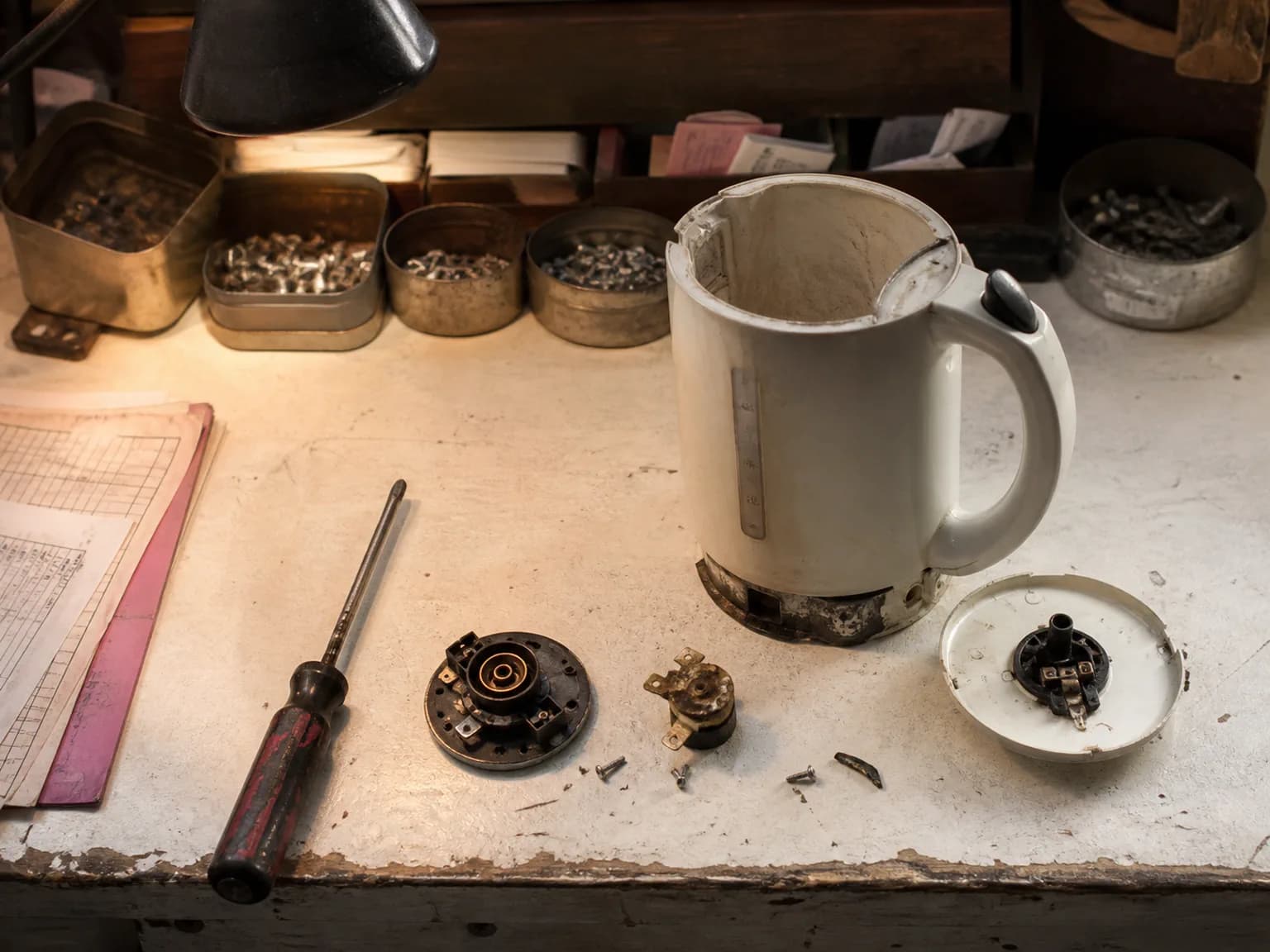 A repair shop counter under a hanging lamp, a dismantled kettle laid out with its components in a row.